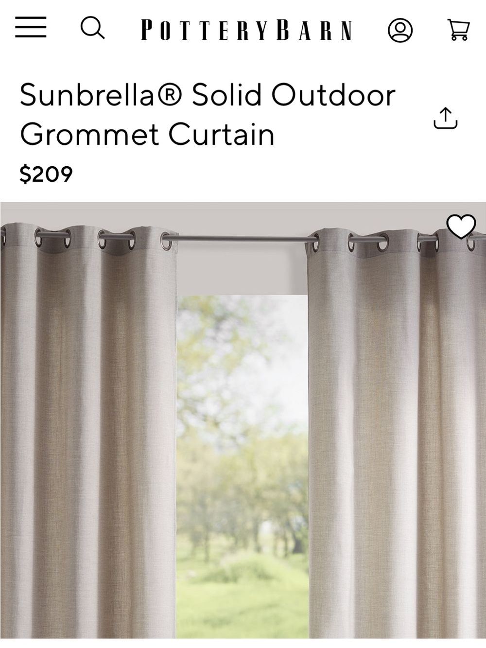 Pottery barn, outdoor Sunbrella, Gromett curtain panel